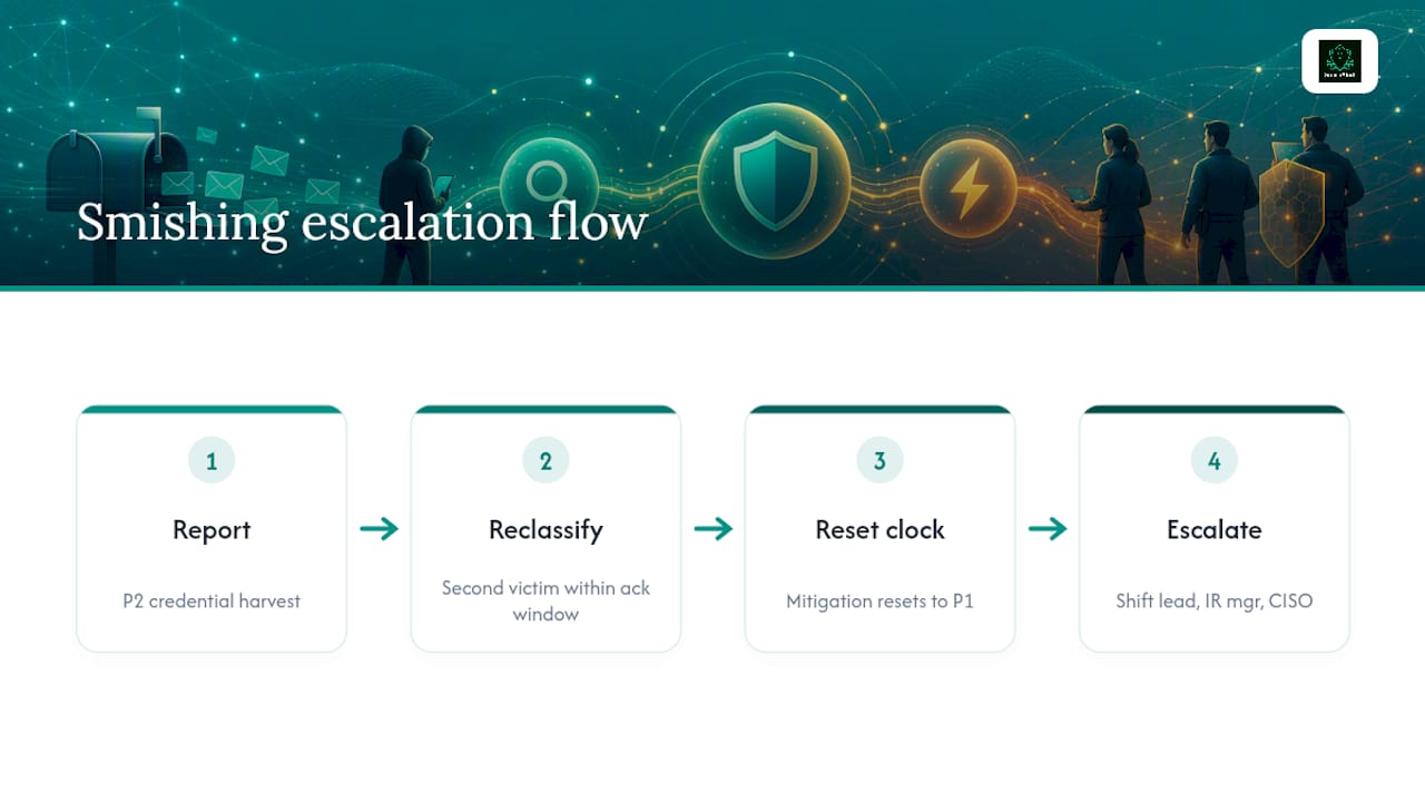 Smishing priority escalation and ownership flow