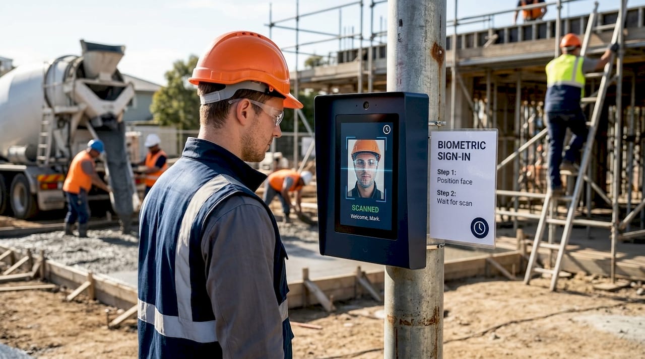 Worker using biometric facial recognition kiosk