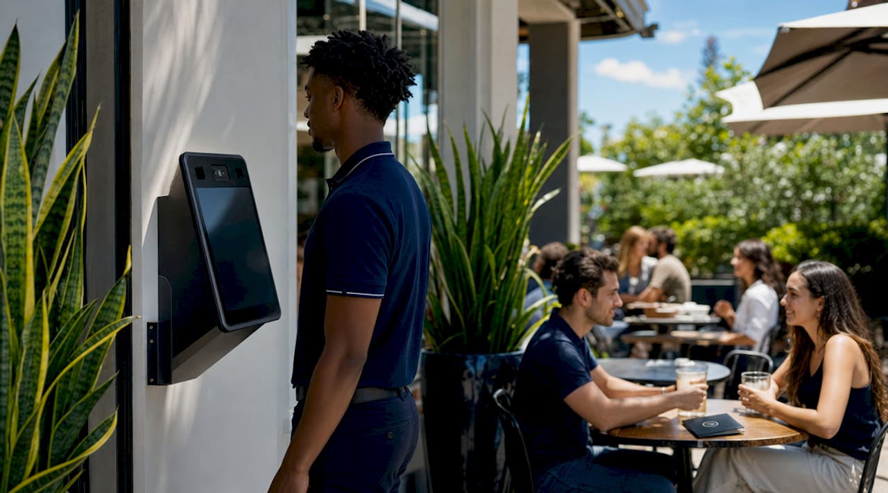 Employee using facial recognition timeclock device