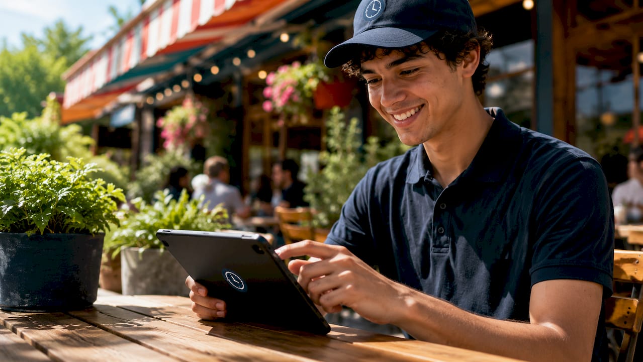 Barista clocking in using cafe tablet app