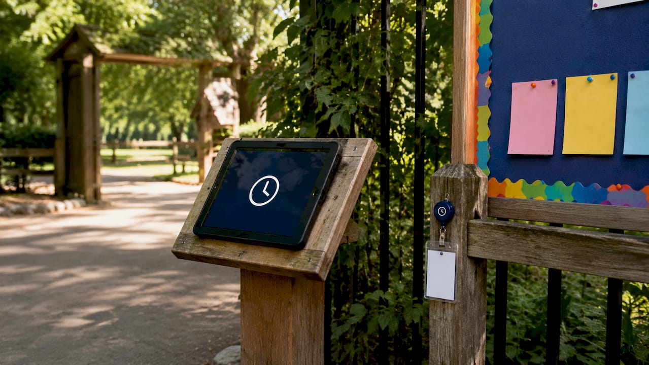 Mounted tablet clock-in station close-up