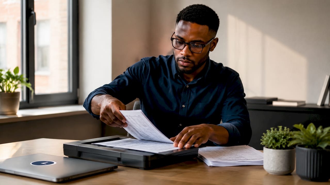 Man scanning paper timesheets in office