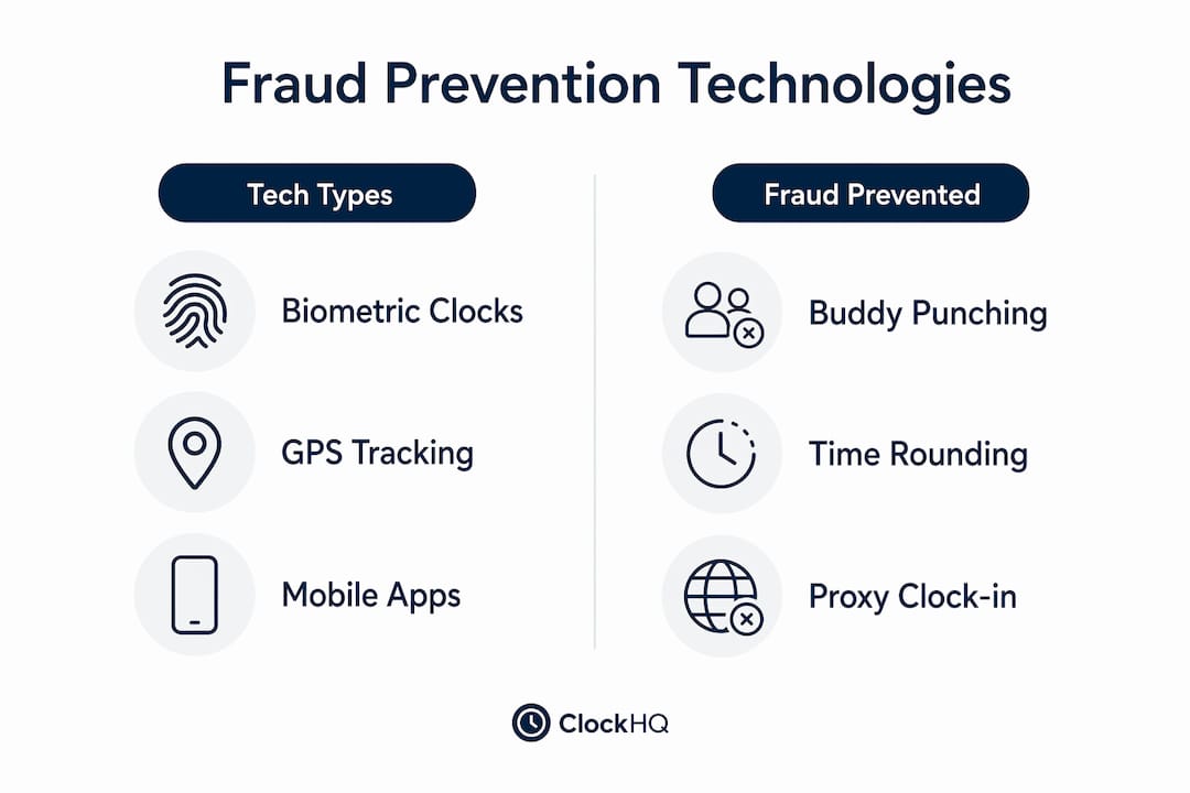 Infographic comparing time fraud prevention technologies and fraud types