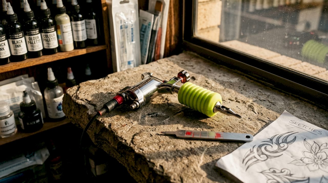 Close-up of rotary tattoo machine on wooden table