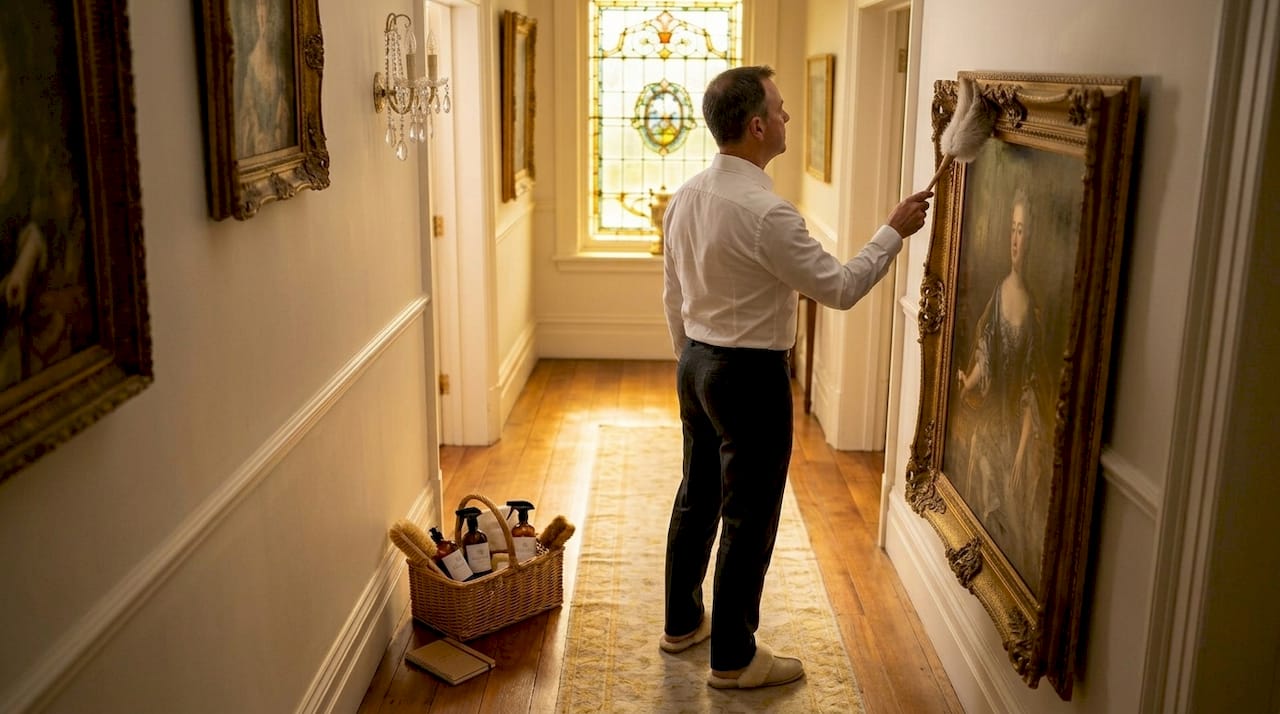 Man dusting picture frame using top-down method
