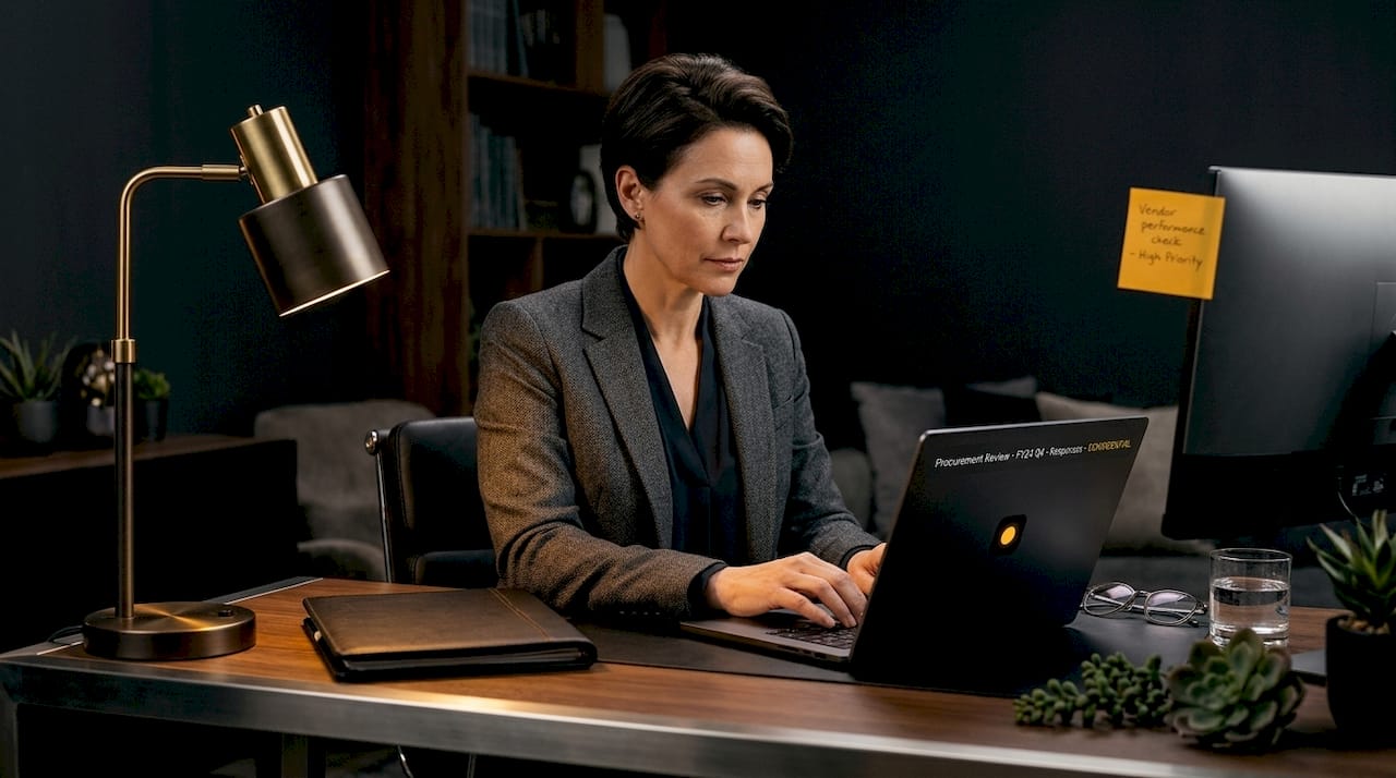 Procurement manager typing in open workspace