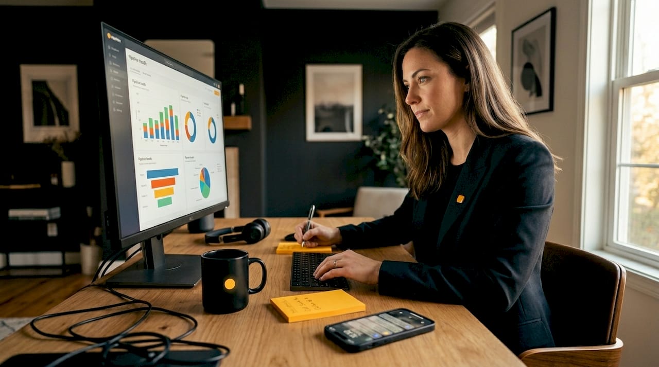 Sales manager reviews deal health dashboard at desk