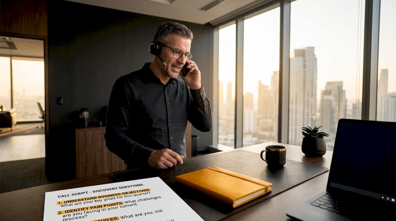 Salesperson conducting discovery call from office