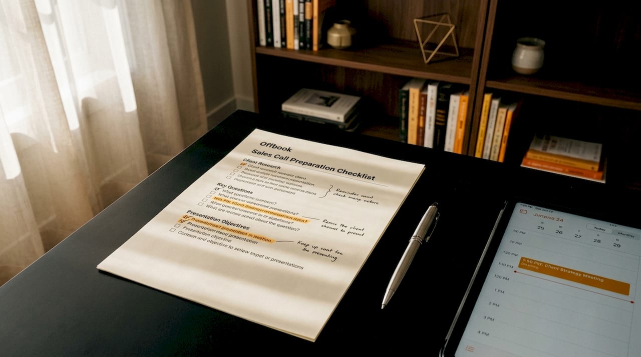 Close-up of handwritten sales call checklist