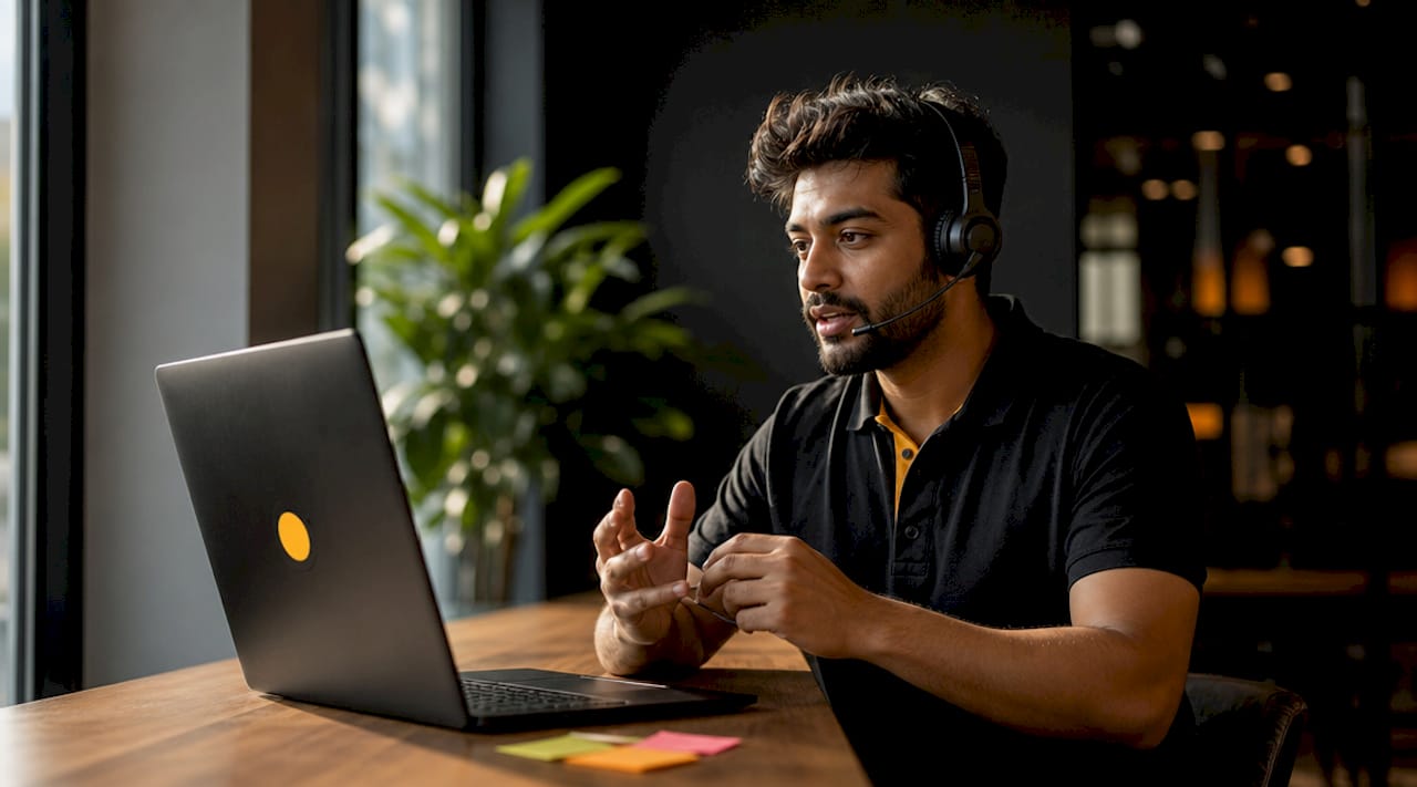 Close-up hands typing on laptop for sales coaching