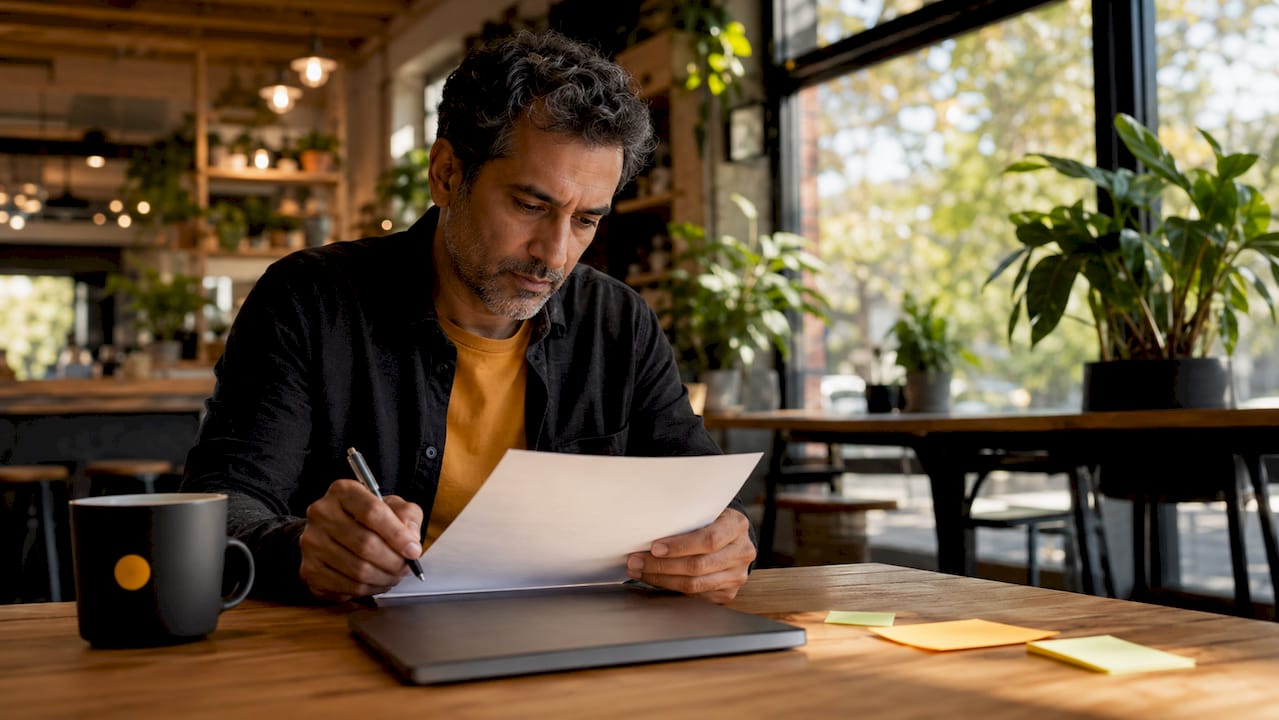 Founder reviewing pre-call checklist in coworking space