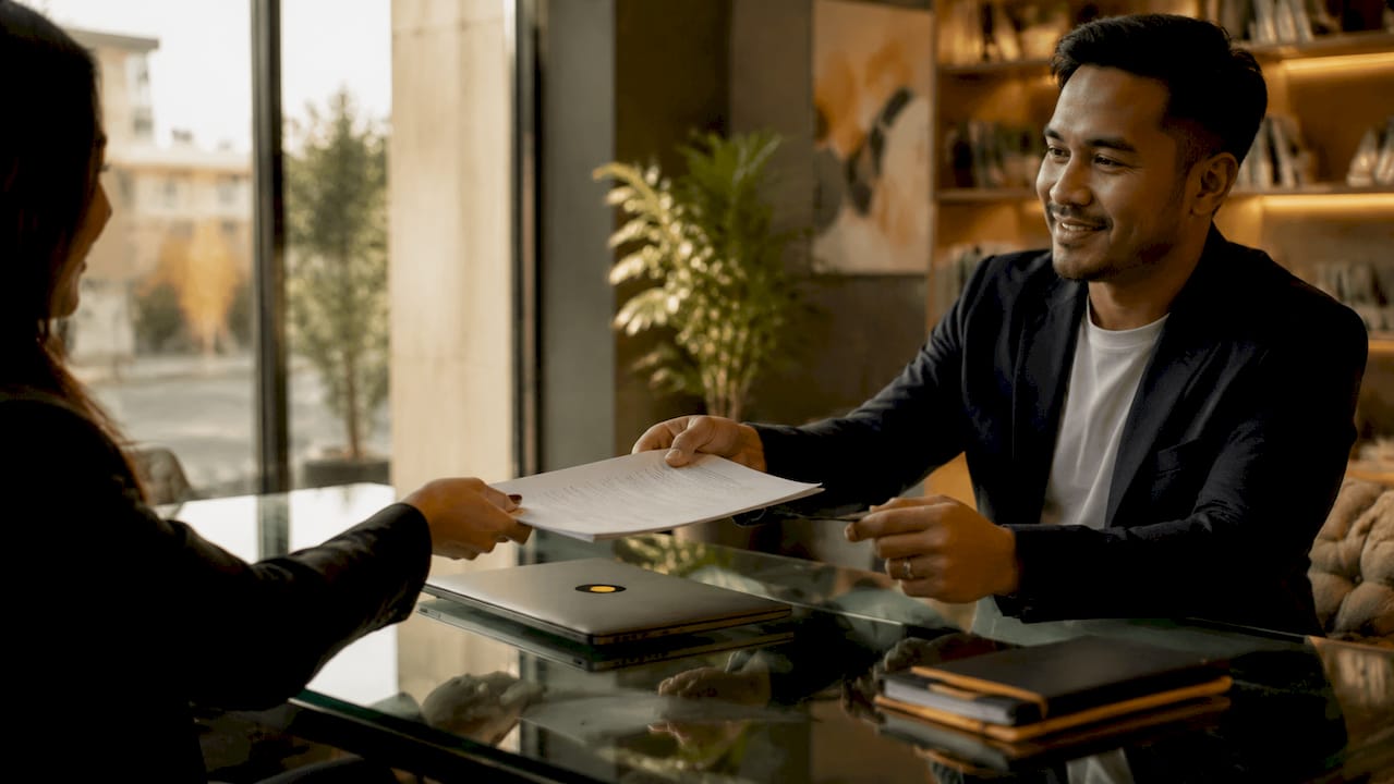 Close-up of hands exchanging sales proposal document