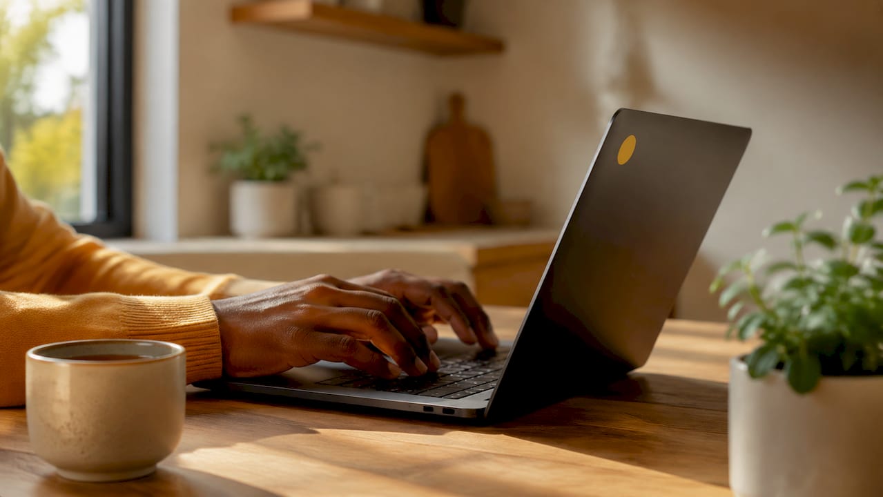 Hands typing on laptop in startup office