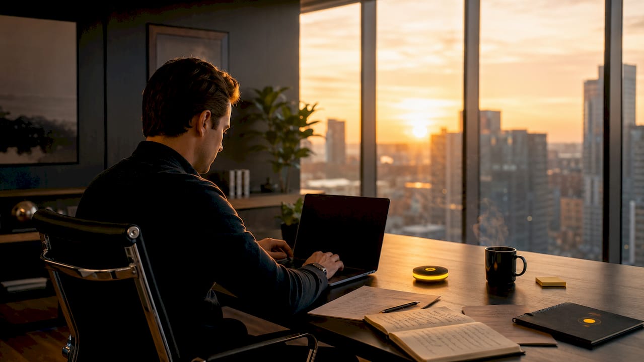 Hands typing with AI coaching device on desk