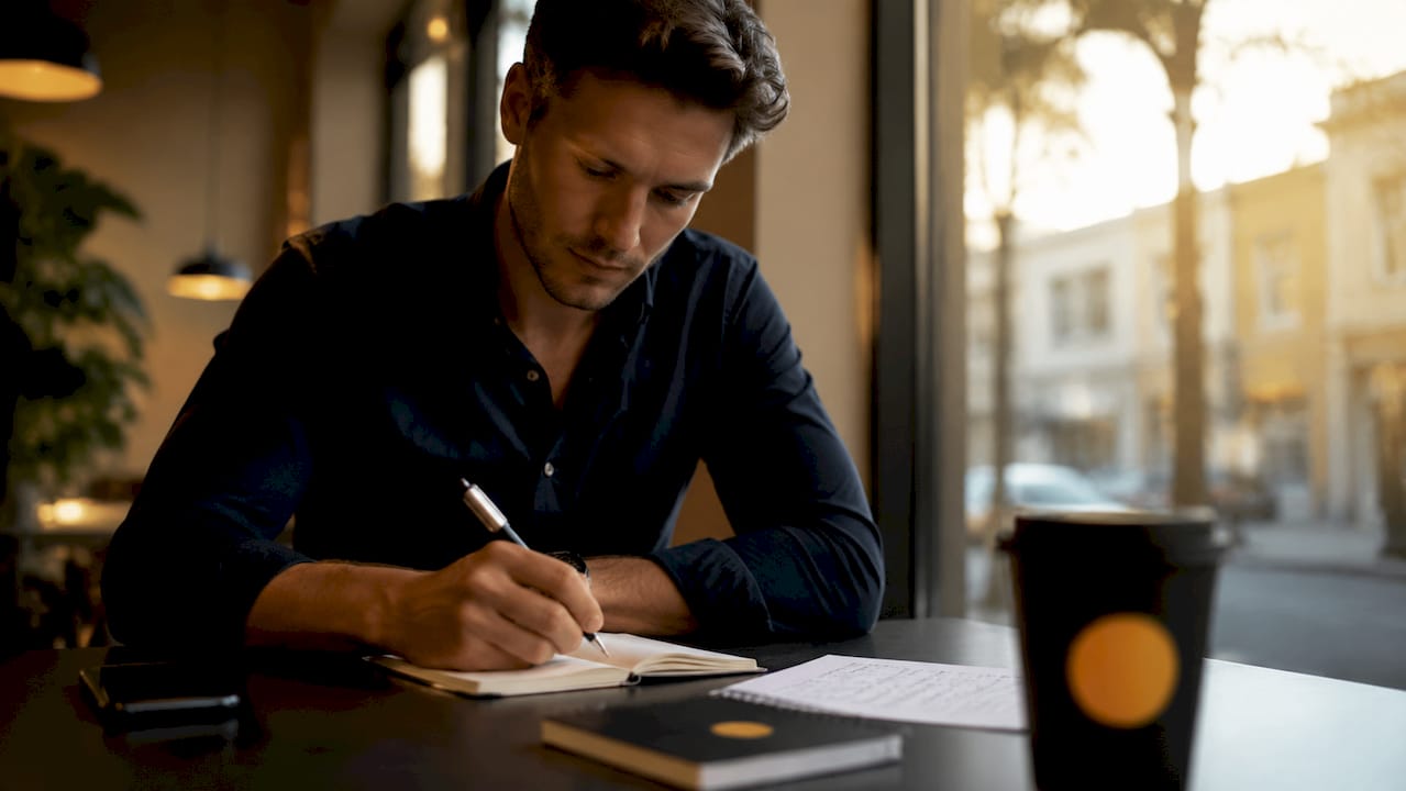 Sales rep writing objection responses at desk
