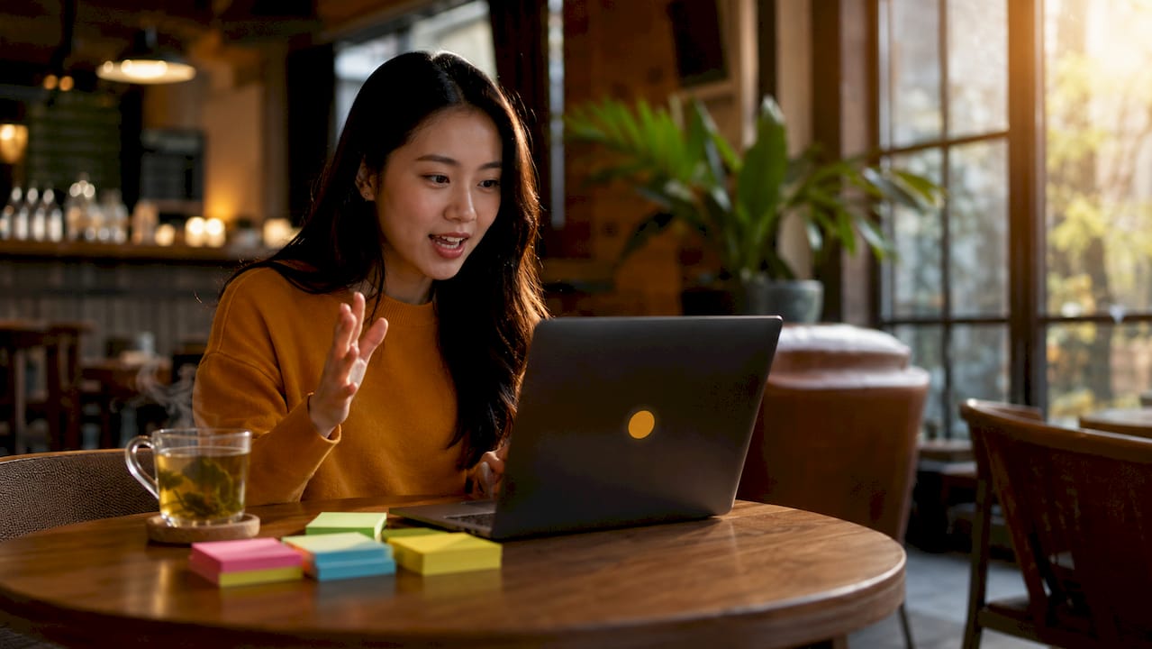 Saleswoman conducting discovery call meeting