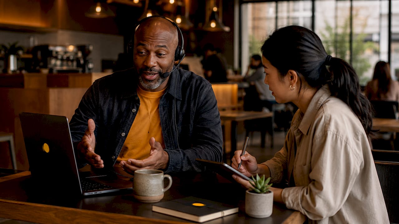 Two professionals conducting a B2B demo call