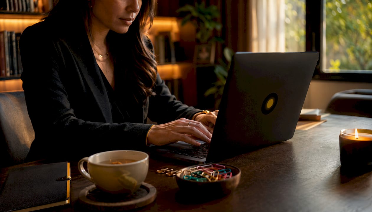 Close-up of hands typing in office workspace