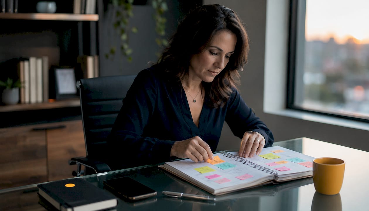 Hands organizing sales coaching schedule in planner