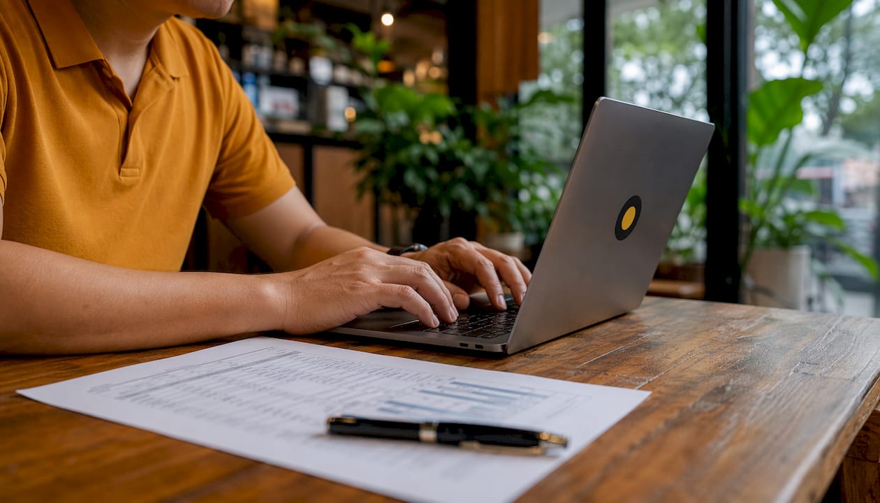 Close-up of hands typing on laptop and reviewing sales metrics