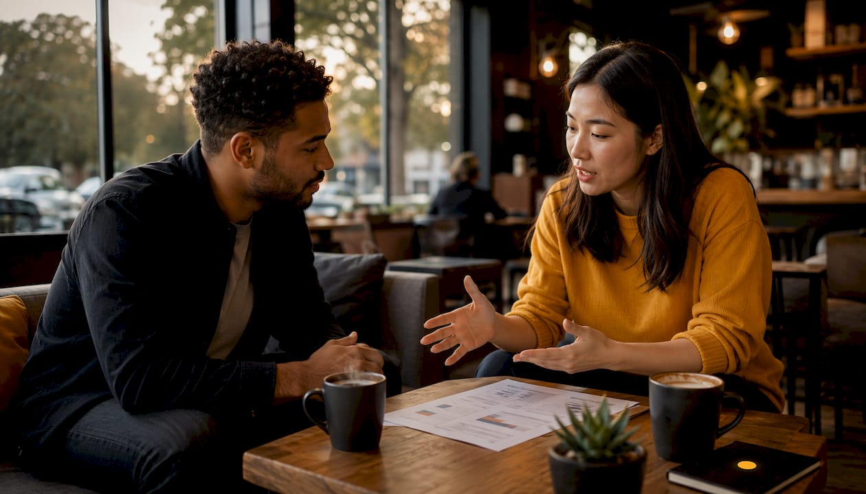 Startup sales reps discussing coaching notes