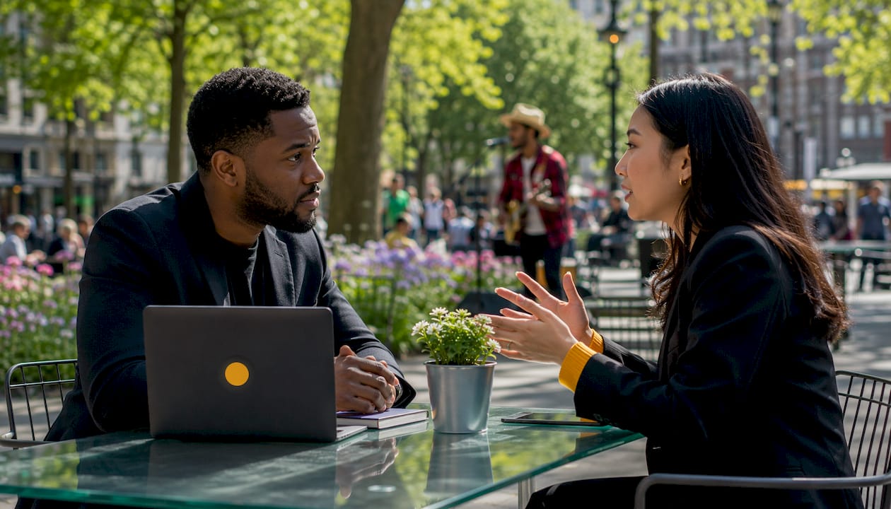 Founder and prospect in active sales call conversation