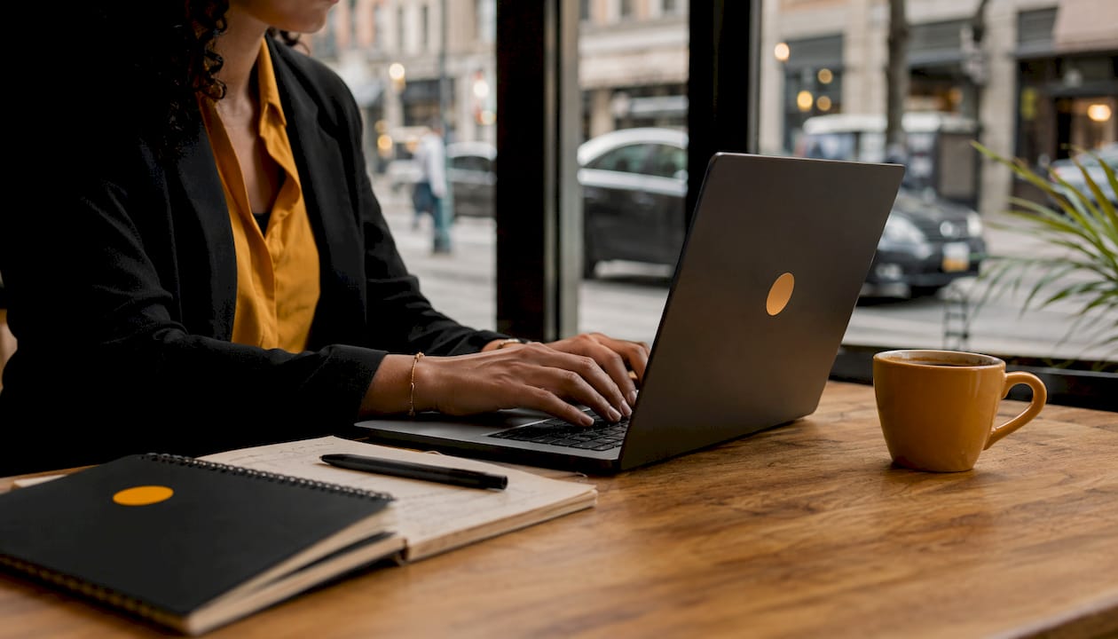Hands typing on laptop during sales call with AI coaching