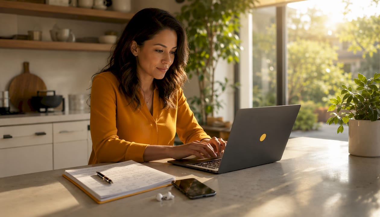 Hands typing laptop notes on AI coaching session
