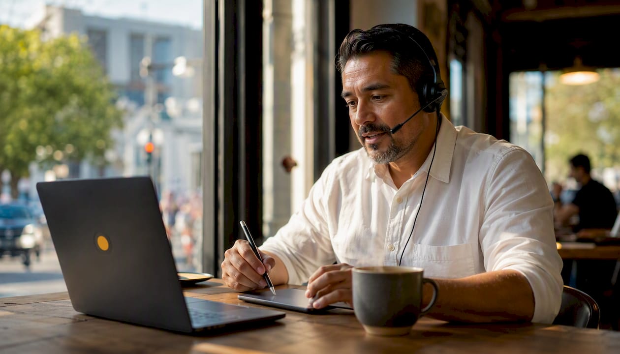 Sales rep on call using coaching tool