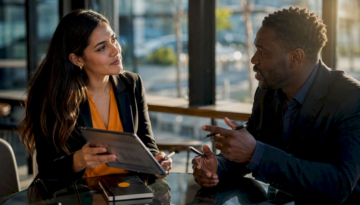 Sales rep qualifying prospect during meeting