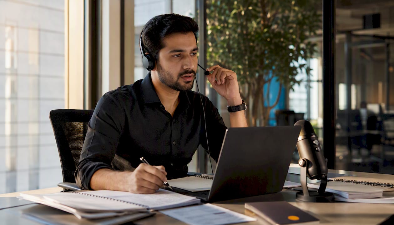 Man opening cold call with headset