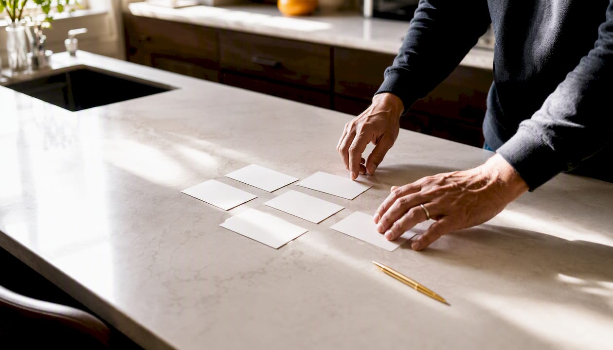Hands arranging cards for objection matrix