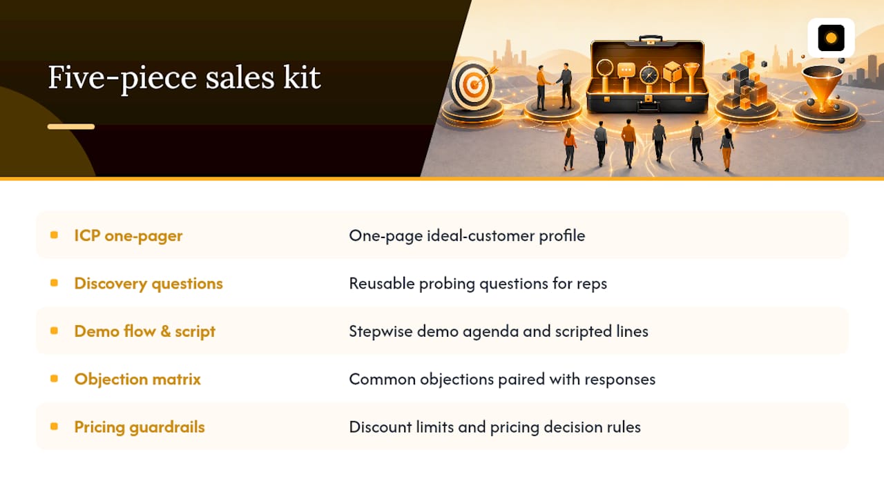 Five core components of founder sales playbook diagram