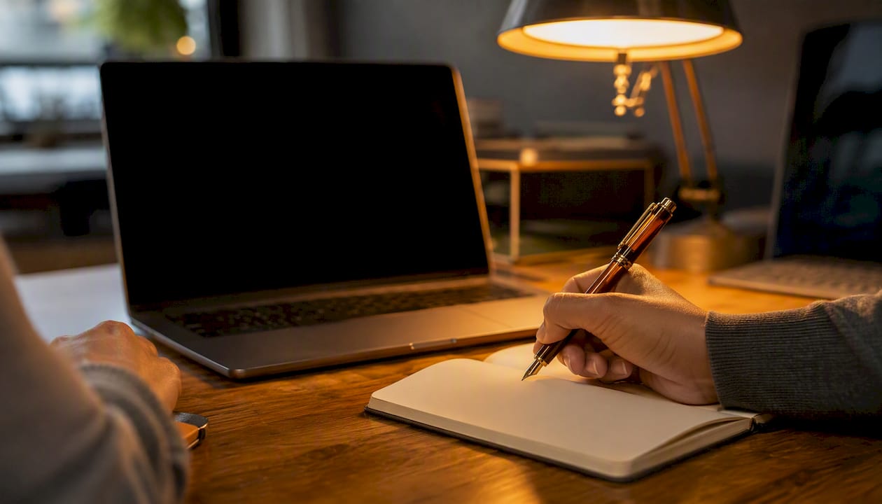 Hand holding pen over blank notebook in coaching
