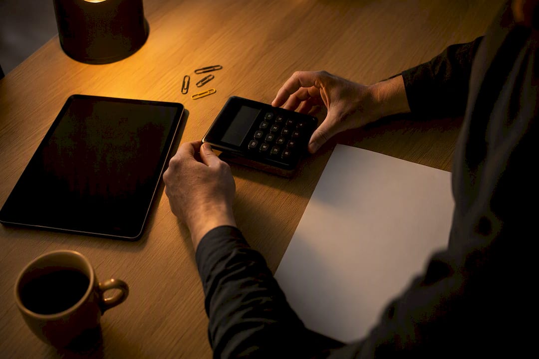Hands placing calculator on desk for sales prep
