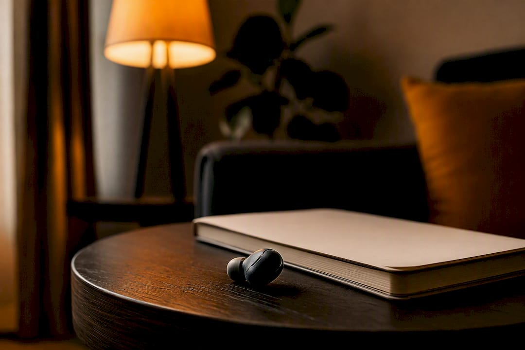 Wireless earbuds and notebook symbolizing sales listening