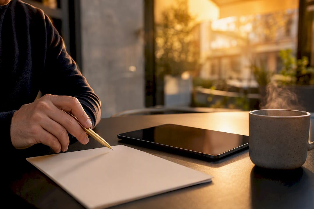 Hand pointing at blank notebook next to tablet and coffee