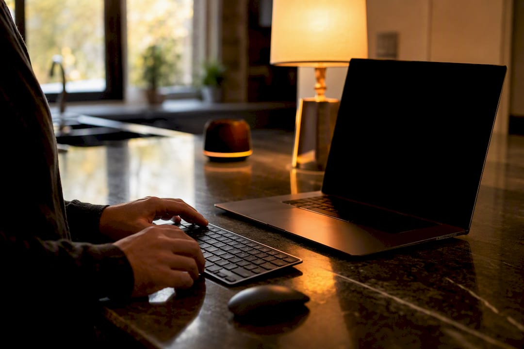 Hands ready near keyboard and dark laptop