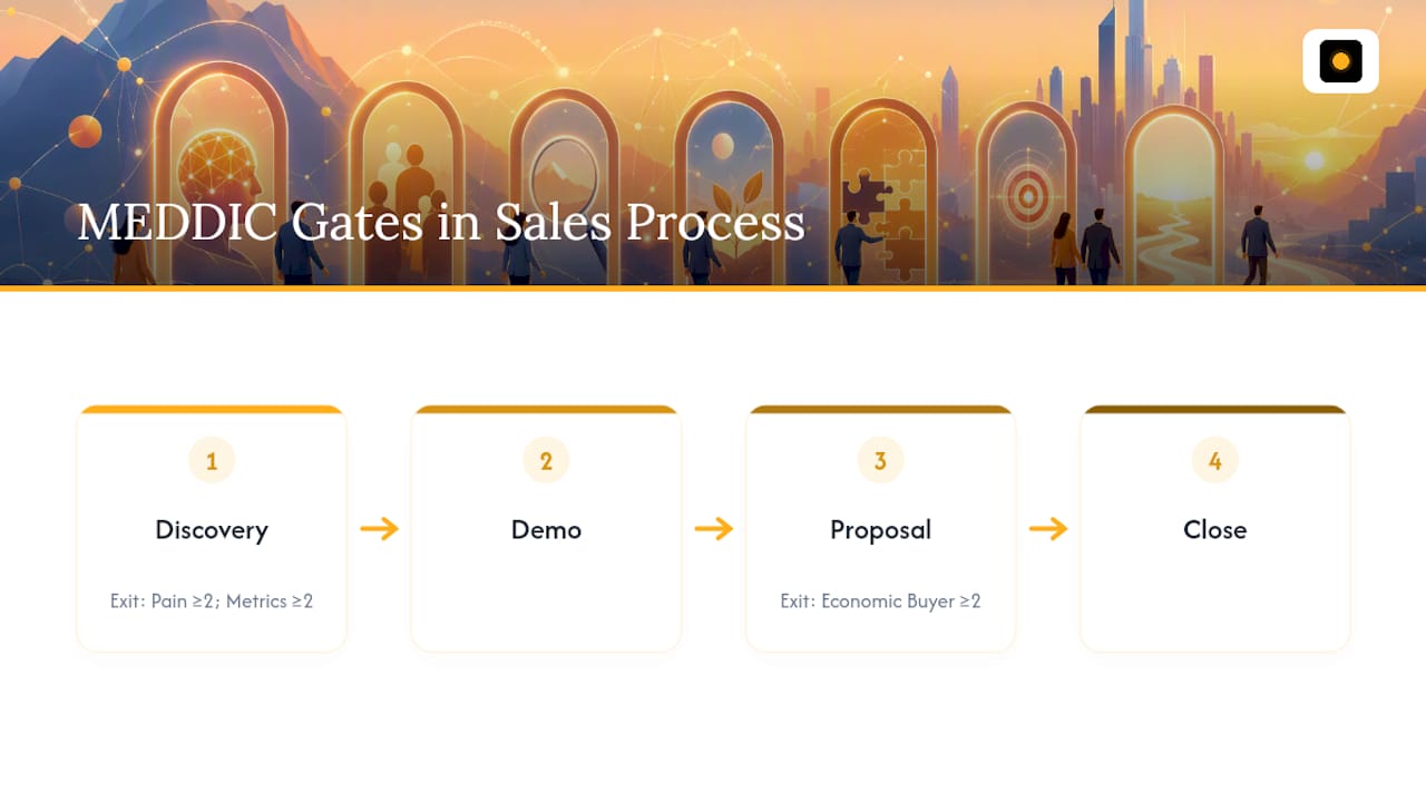 MEDDIC score gates across sales stages