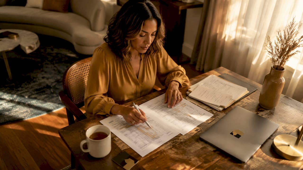 Woman reviewing property management quotes at desk