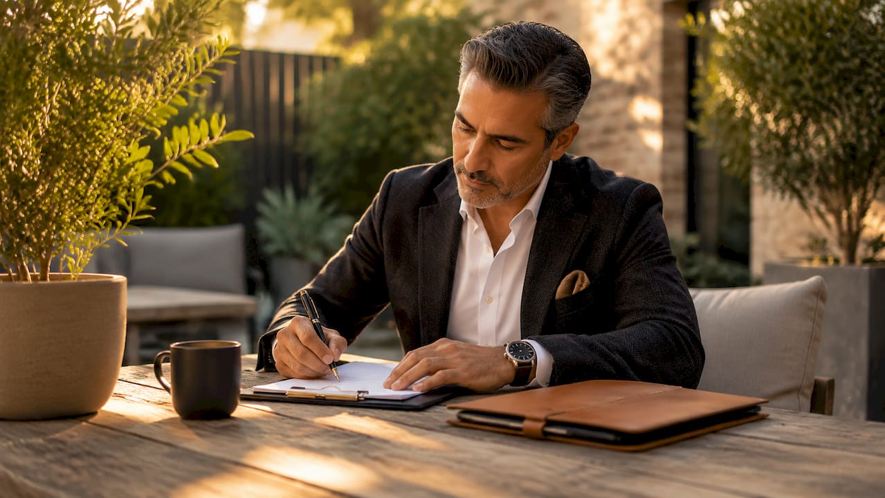 Property manager taking notes at desk