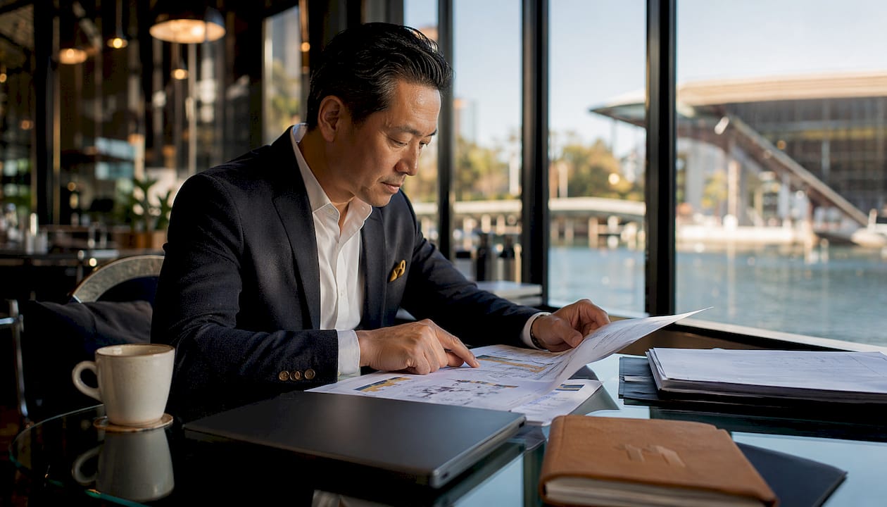 Analyst reviewing defense project plans in office