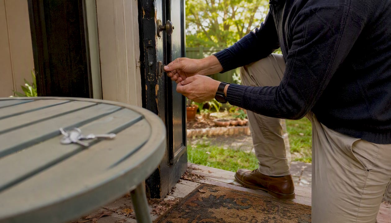 Landlord inspecting door lock condition with keys