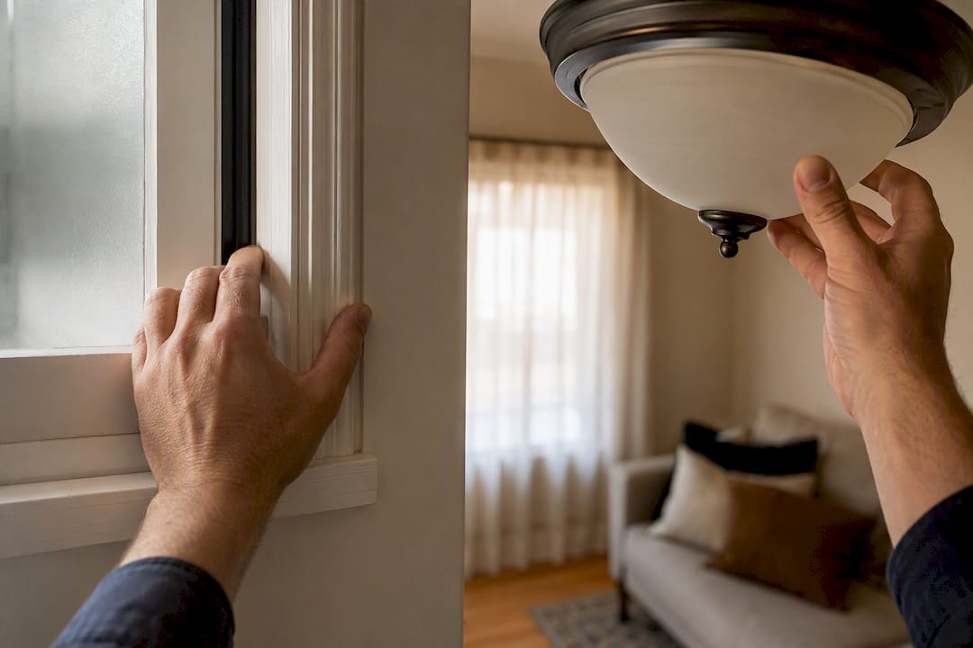 Hands inspecting rental property condition