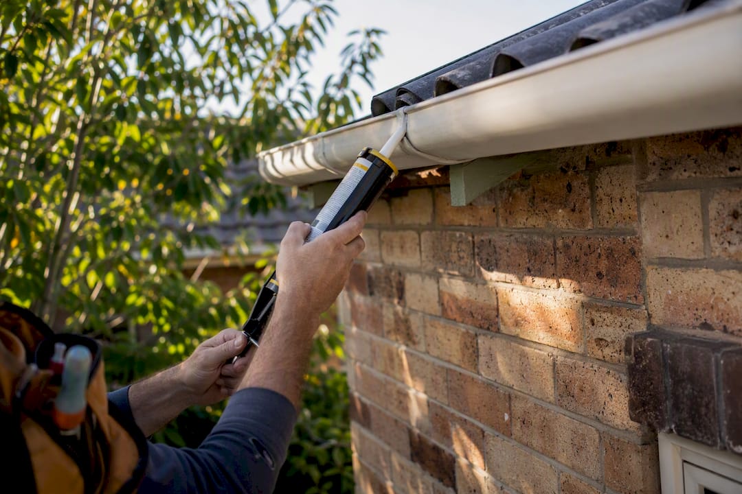 Tradesperson’s hands repairing gutter roof exterior