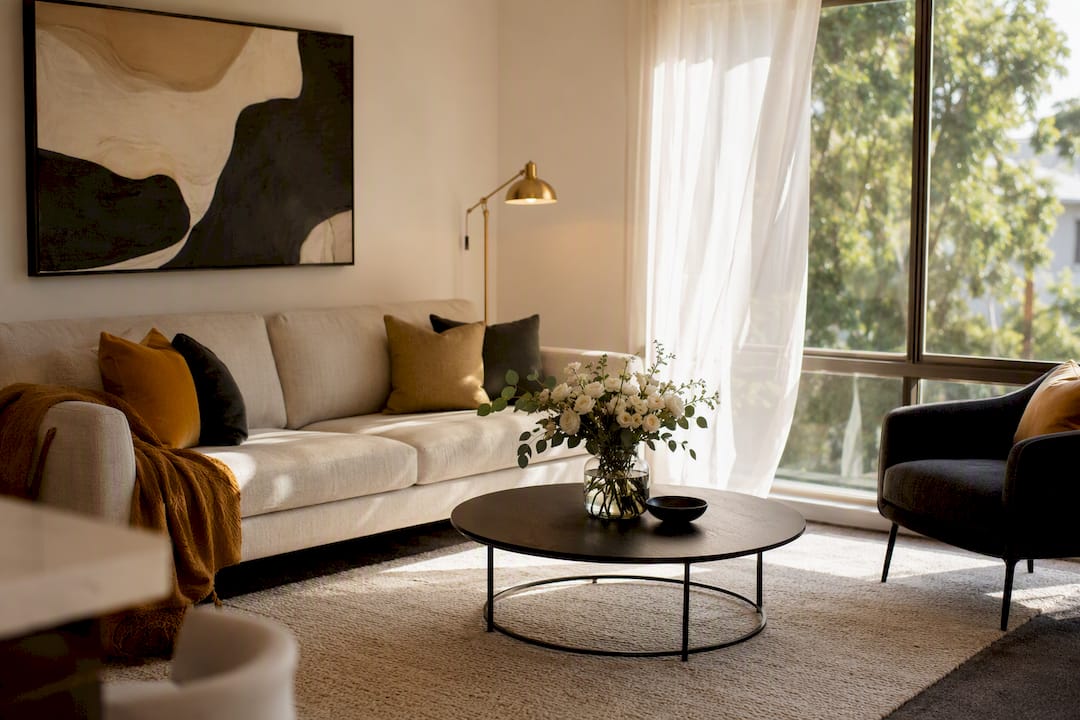 Brightly lit staged rental living room corner