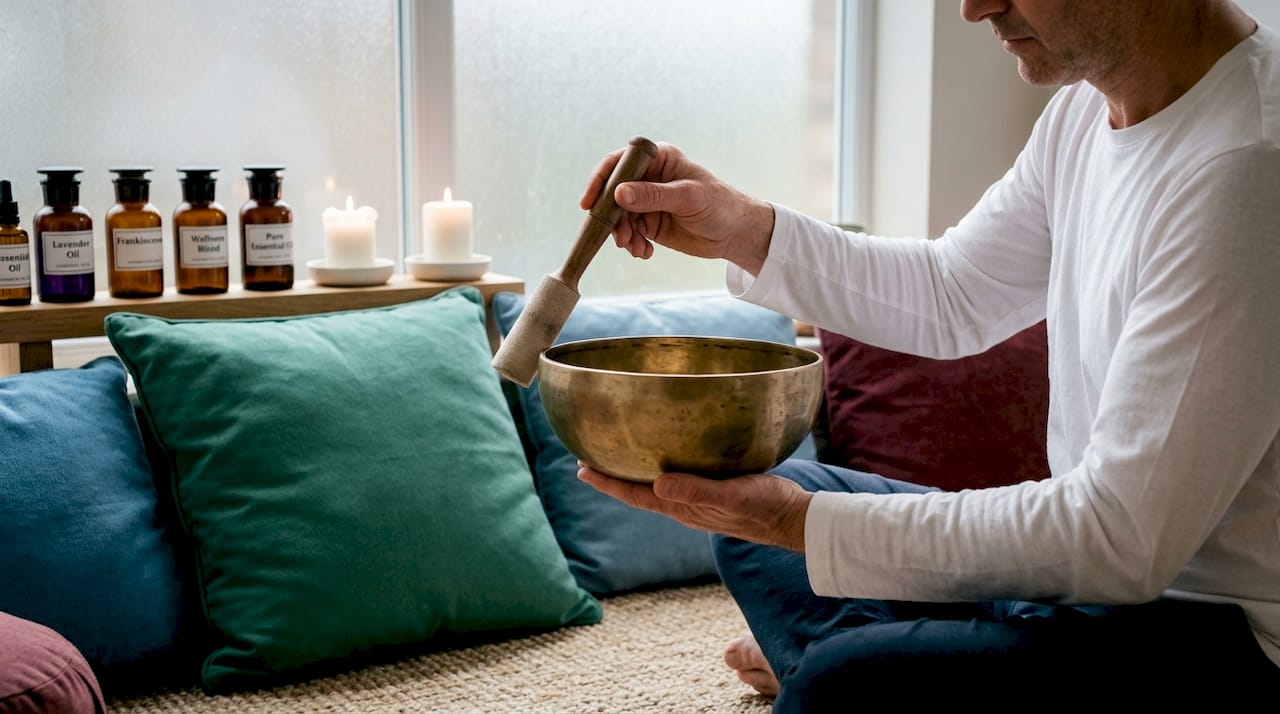 Hands holding singing bowl for sound meditation