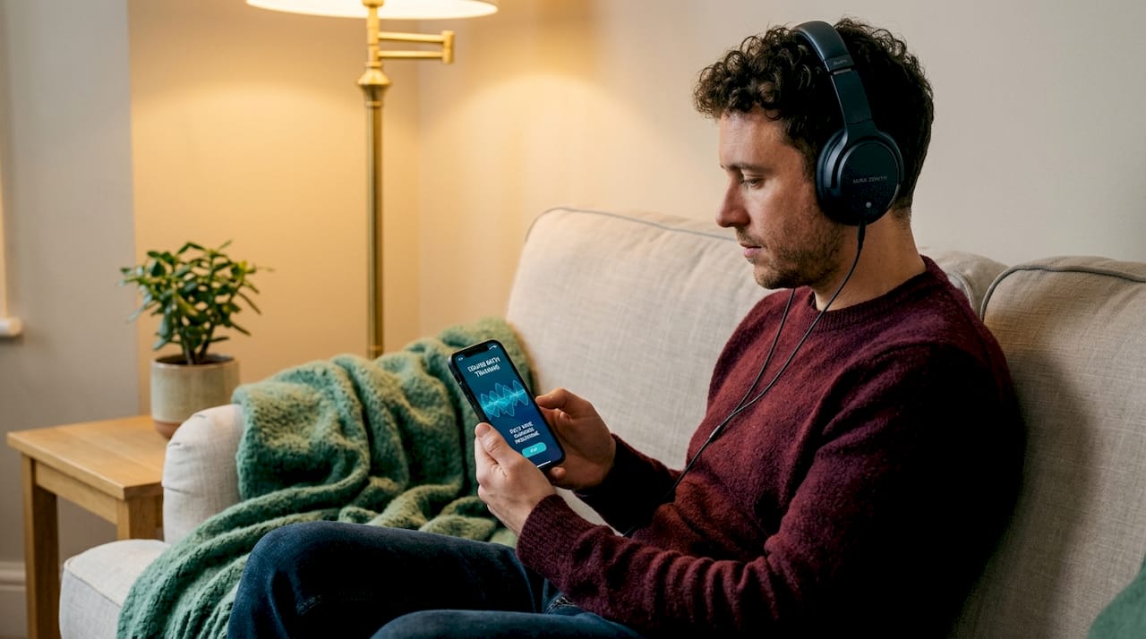User listening to binaural beats headphones
