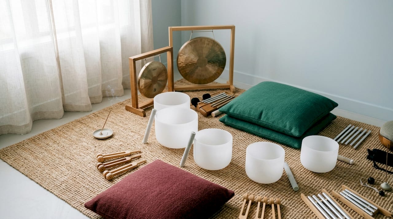 Sound healing instruments arranged indoors