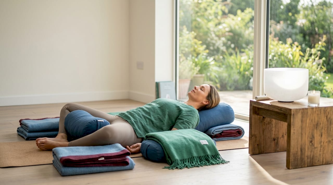 Practitioner in supported pose with singing bowl
